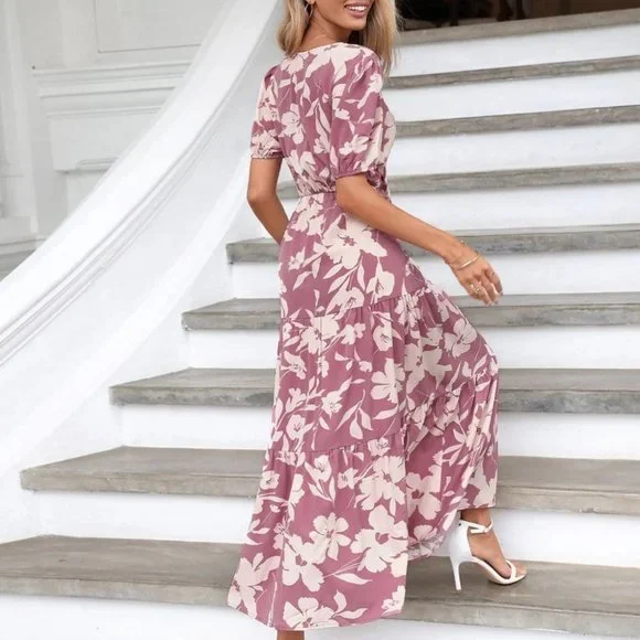 Dusty Pink Boho Womens Floral Print Twist Front Cut Out Ruffle Hem Dress - Picture 3 of 5